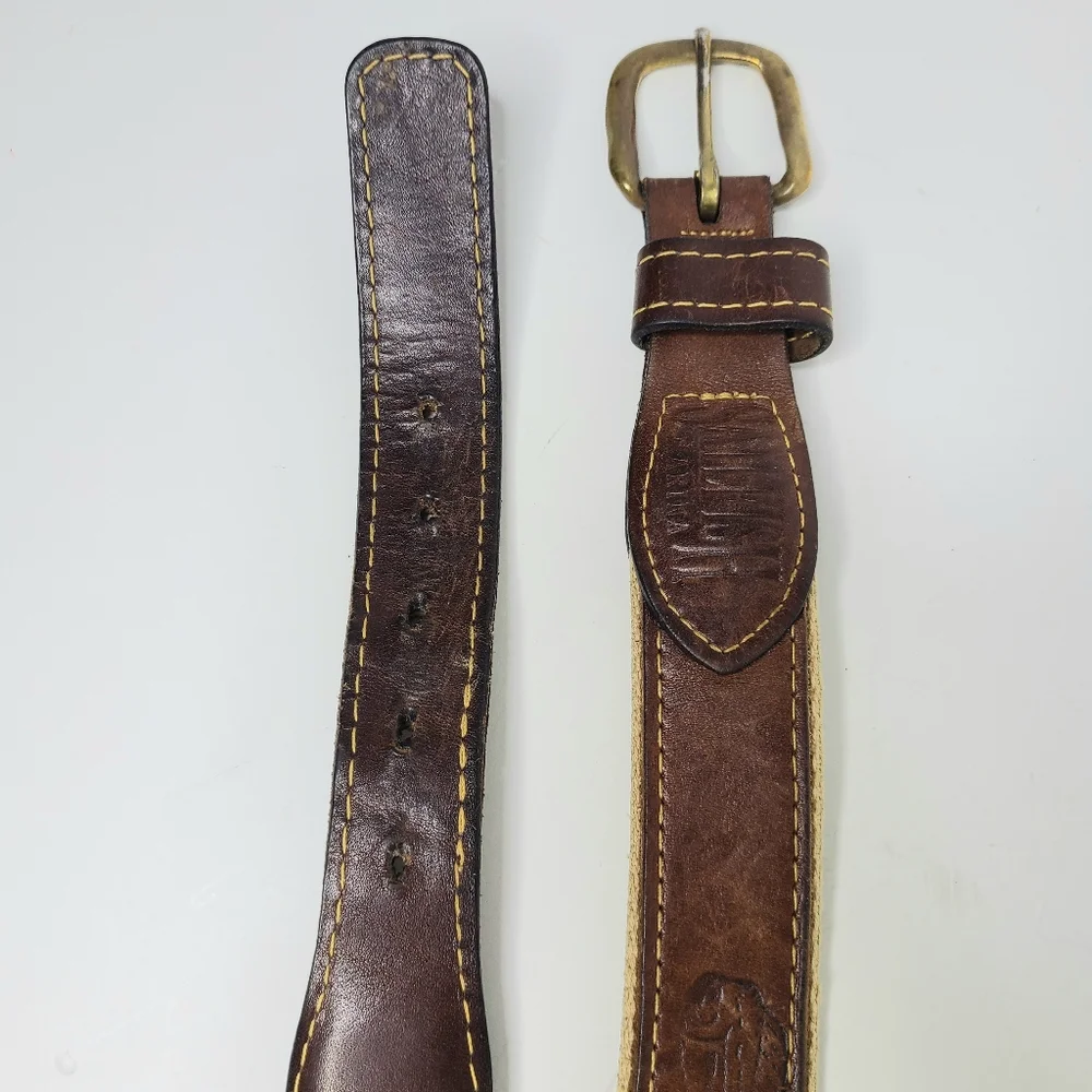 Sailfish Marina Genuine Leather Canvas Brass Buckle Tan Brown Distressed Belt